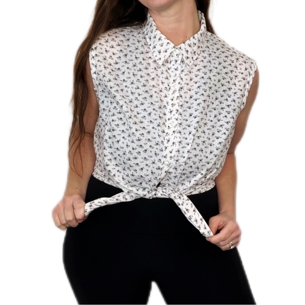 70s Dainty Floral White Black Lisa Dale Cottagecore Sleeveless Blouse Large 38